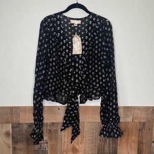 NWT Band of Gypsies Heart Silver Metallic Black Blouse Flutter Long Sleeve Top